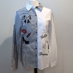 Linea Domani Striped Contrasting Button Front Shirt Tunic